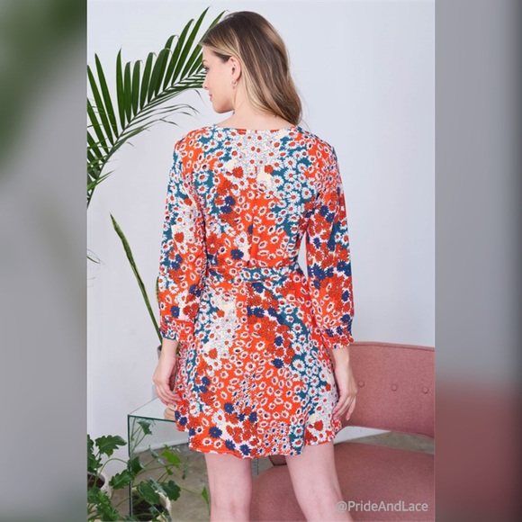 ORANGE FLORAL PRINT THROUGHOUT BUTTON DOWN MID FRONT TIE WAIST 3/4 SLEEVE DRESS - Picture 2 of 6